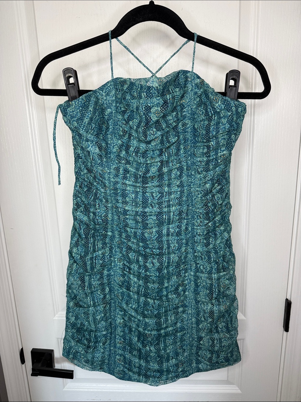 Teal Printed Crisscross Strap Mini Dress